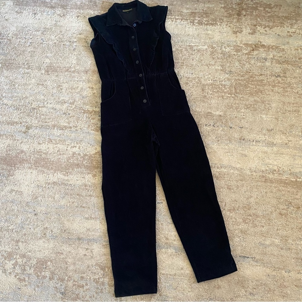 Nooworks Julia Corduroy Jumpsuit Ruffle Solid Black Straight Leg Button Down: S